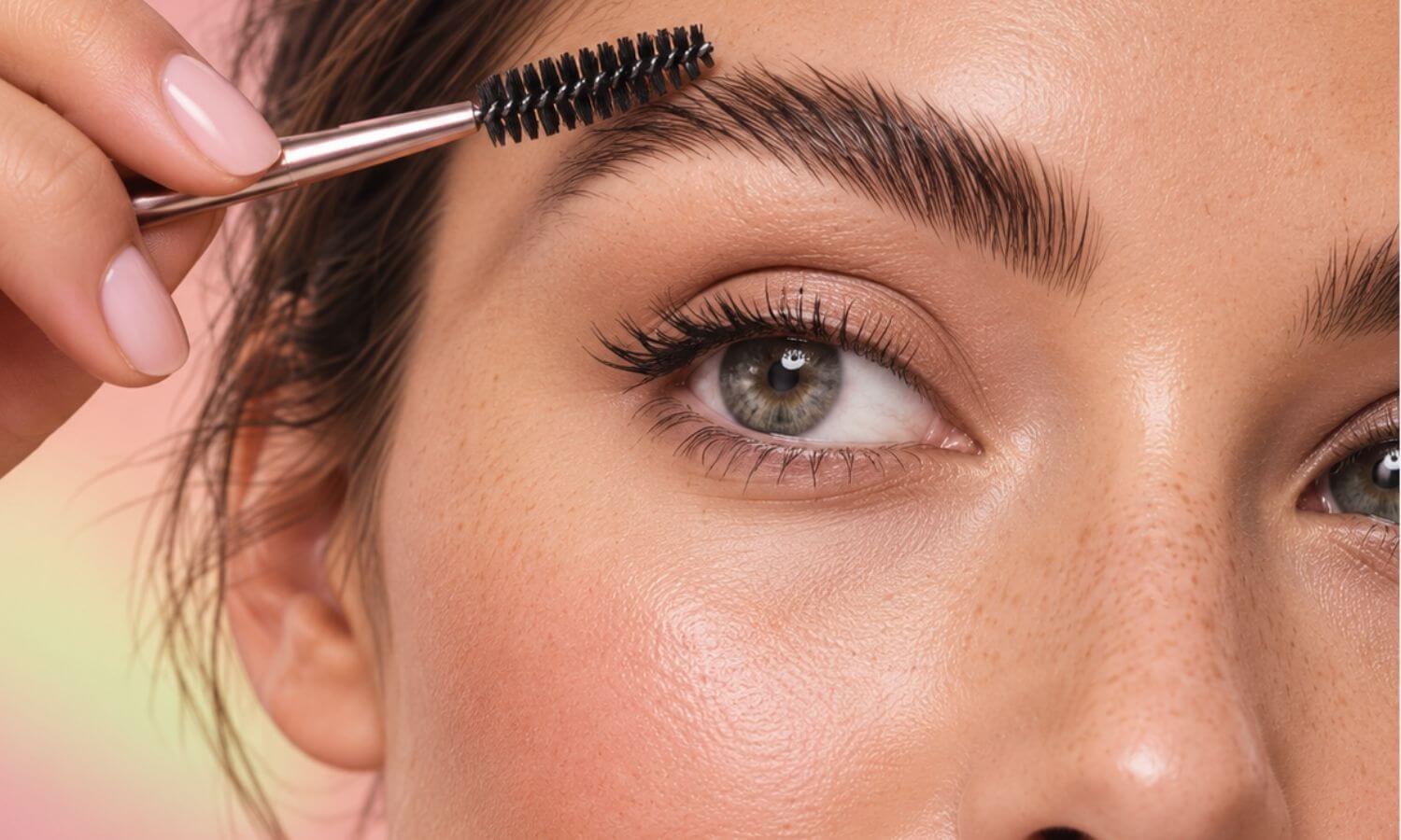 lady face with brows sculpted and spoolie brush in hand